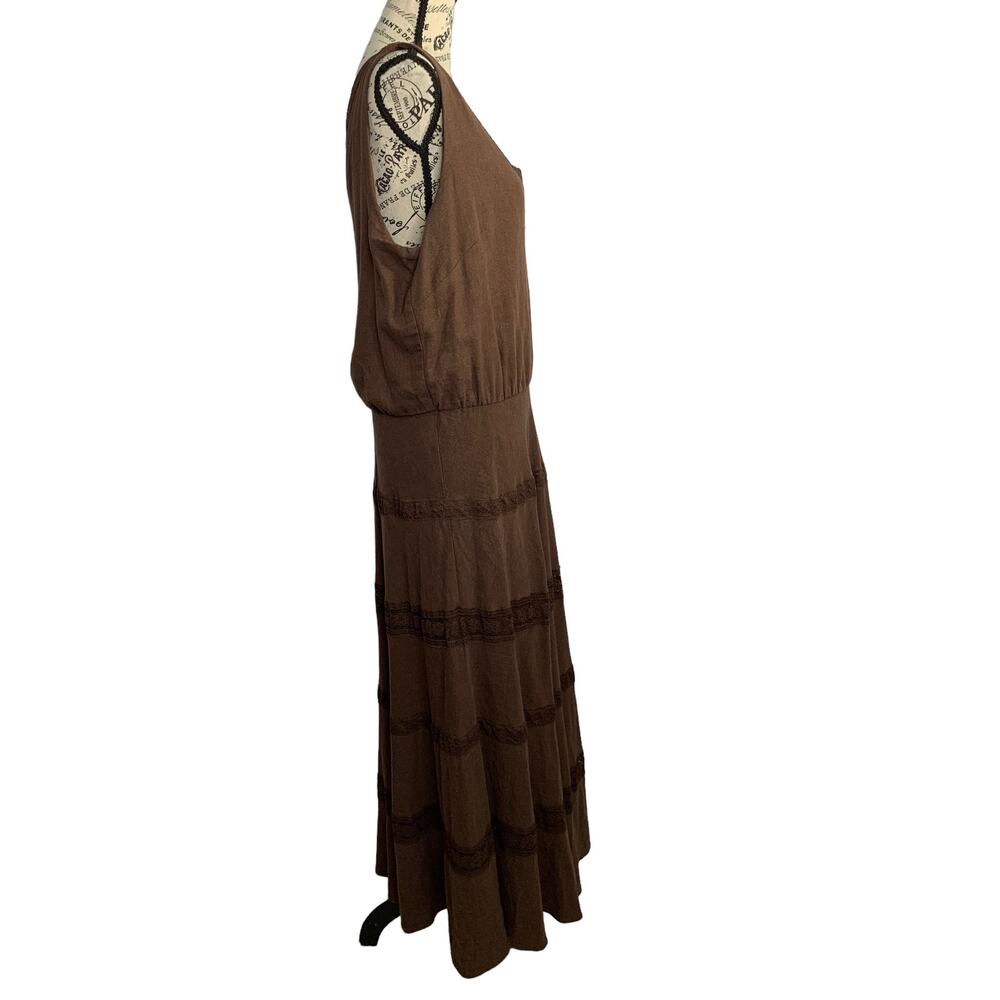 Perceptions Women Size 16 Maxi Dress Lace Trim A Line Side Zip Linen Blend Brown - Picture 9 of 10